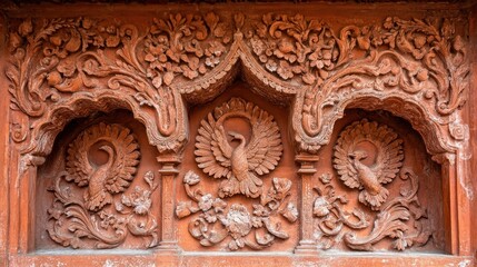 Obraz premium Intricate terracotta bird carvings adorn ancient temple facade