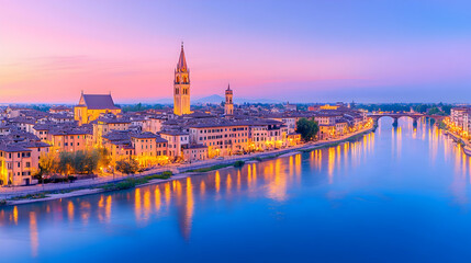 Obraz premium panoramic summer view of Verona' s historic town with view of river Adige and bridges