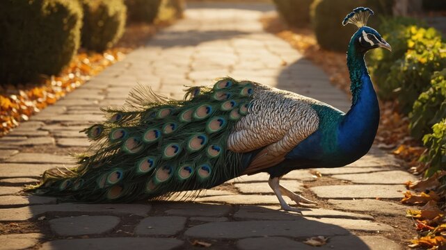 A vibrant peacock walking along a stone path surrounded by greenery and autumn leaves. - Powered by Adobe