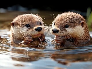 Fototapeta premium Playful Otter Duo in a Thriving Wetland Ecosystem A Stunning Wildlife Scene Showcasing Ecological Interdependence, Emphasizing the Importance of Wildlife Preservation and Habitat Protection for