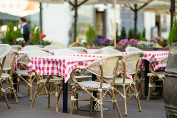 Outdoor restaurants and cafes on Tallinn Town Hall Square or Raekoja plats in Tallinna Valalinn, included in the UNESCO World Heritage List