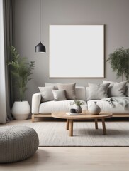 Creative composition of stylish modern spacious living room with blank poster frame, Greige sofa