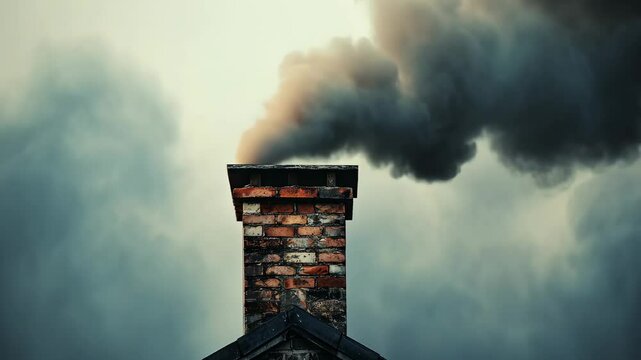 Billowing dark smoke from the chimney - concept of a burning rubbish and polluting the air