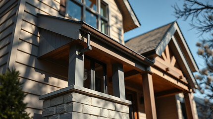 Fototapeta premium Modern House Exterior: Architectural Design, Brick, Wood, and Stone Details