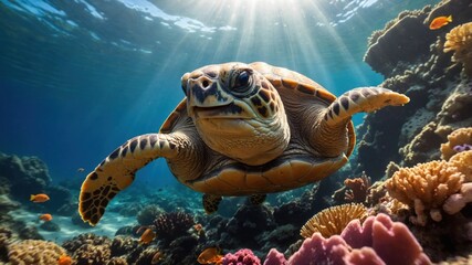 Fototapeta premium A sea turtle swimming gracefully among vibrant coral reefs in clear blue water.