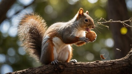 Obraz premium A squirrel perched on a branch, enjoying a nut in a natural setting.