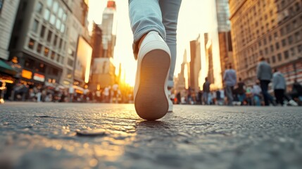 As the sun sets, I stroll through a lively city filled with vibrant sights and sounds, surrounded by bustling crowds in a dynamic urban atmosphere