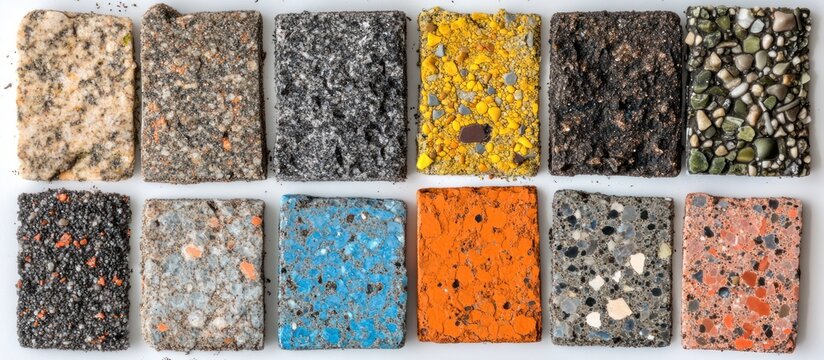 Colorful aggregate samples displayed on white; design, construction