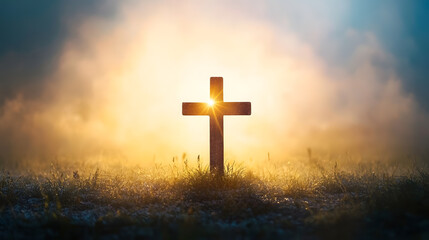 Shining Cross Symbolizing Hope and Spiritual Illumination at Dawn : Generative AI