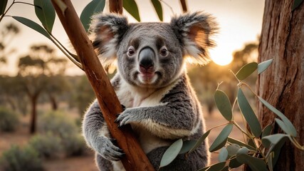 Fototapeta premium A koala perched on a tree branch in a natural setting during sunset.