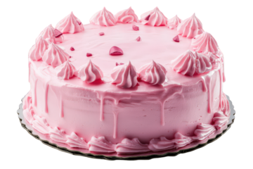 a beautifully decorated pink cake featuring a smooth frosting and elegant swirls on top. perfect for celebrations like birthdays or weddings the cake is presented on a round plate. showcasing its deli