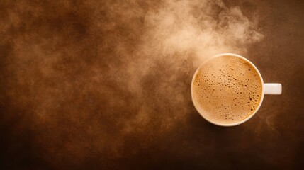 An overhead perspective reveals a steaming coffee cup resting on a warm brown table, perfectly capturing the cozy warmth and inviting aroma of early morning moments before the day begins