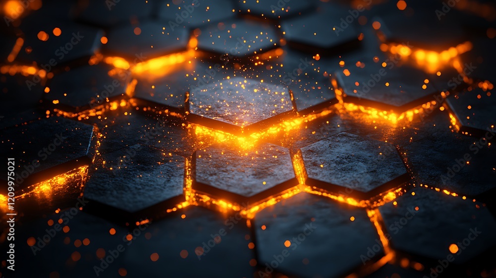 Aufkleber glowing hexagon grid: a mesmerizing close-up of a dark, metallic hexagon grid with fiery orange and 