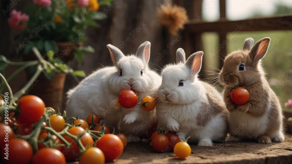 Poster three rabbits playfully holding tomatoes in a rustic setting.