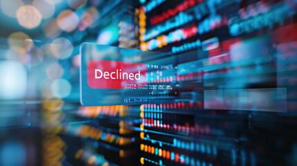 Credit card with red declined stamp on digital transaction screens, symbolizing payment fraud and financial security risks in online transactions.

