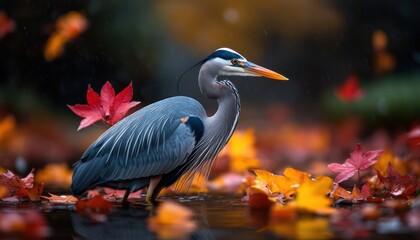 Naklejka premium Vibrant Autumn Wetland A Great Blue Heron's Silent Hunt Amidst Colorful Plants and Still Waters, Reflecting Nature's Serene Harmony A Stunning Display of Wildlife Photography Capturing the Peaceful