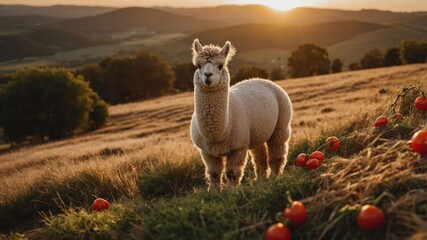 Fototapeta premium A cute alpaca stands in a field at sunset, surrounded by ripe tomatoes.