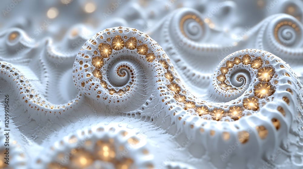 Poster abstract spiral fractal: intricately detailed fractal pattern of spiraling forms with glowing gold a