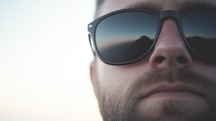 Reflection captured in sunglasses showcasing a serene outdoor setting at sunset with a person gazing thoughtfully into the distance