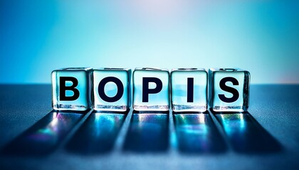 オンラインで購入、店舗で受け取りを意味する英語のフレーズBuy Online, Pick up In Storeの略語BOPISの文字が書かれた透明なキューブブロックが横に並んでいる。aiで生成	