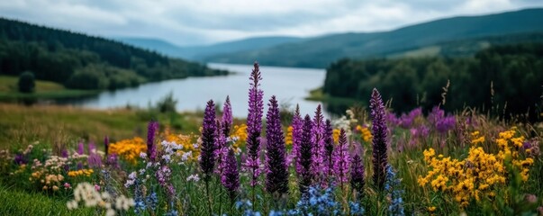 Vibrant wetland flora supporting water resources and promoting ecological balance A stunning display of diverse wildflowers thriving near a serene lake, showcasing the beauty of nature's