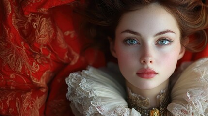 Fototapeta premium Modern renaissance art-inspired portrait featuring a young woman with striking blue eyes and elegant attire, set against a vibrant red backdrop