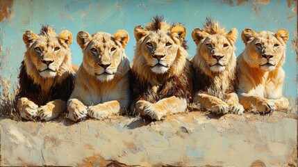 Obraz premium African lion pride, savanna, resting, painting, wildlife