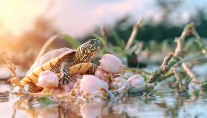 Fototapeta premium Witness the incredible journey of turtles and reptiles during their vital wetland migration a captivating exploration of species survival and the challenges faced in their natural habitat These