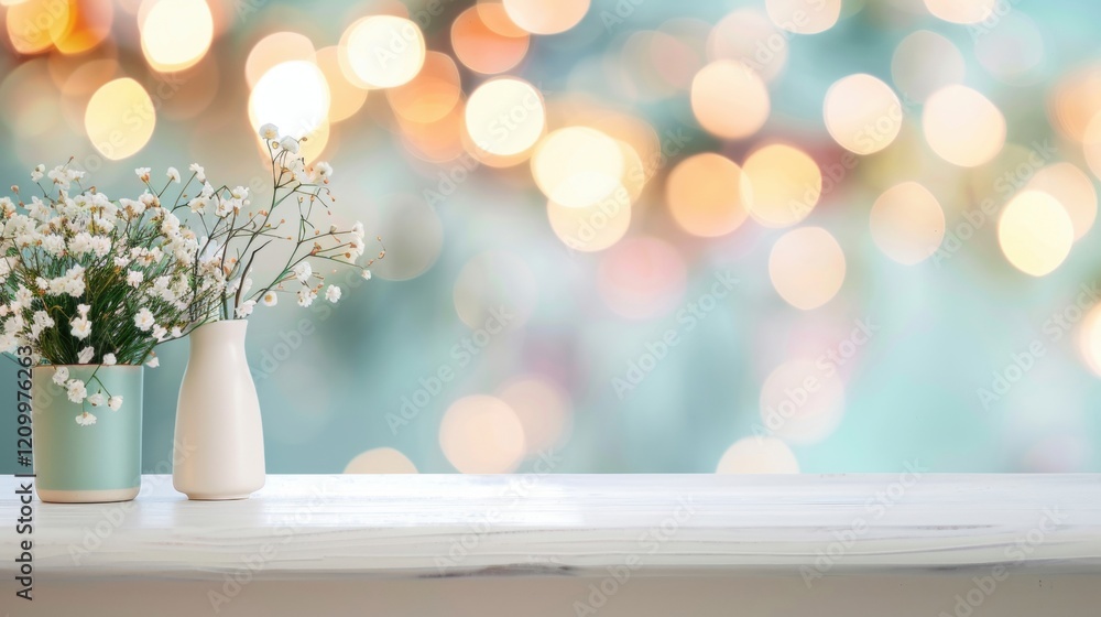 Poster an empty white shelf features two vases filled with delicate flowers, set against a soft bokeh backg