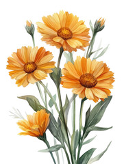 A painting of four orange flowers with green stems. The flowers are arranged in a bouquet and are the focal point of the painting. The overall mood of the painting is bright and cheerful