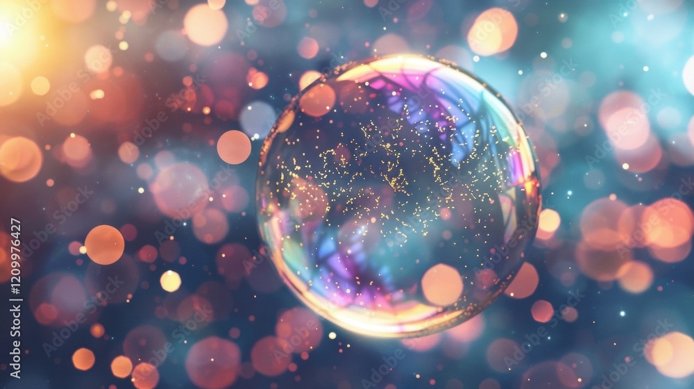 Poster an iridescent bubble floats, surrounded by sparkling particles that create a vibrant atmosphere whil
