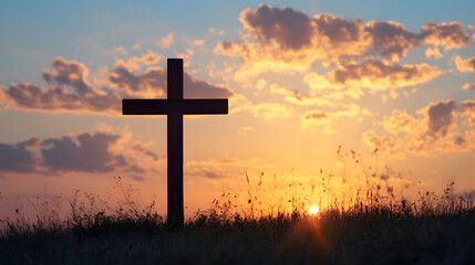 Majestic Cross Silhouette Against Vibrant Sunset Over Serene Field Hillside : Generative AI