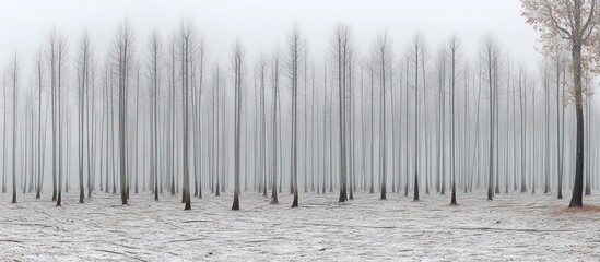 Foggy winter forest, snow-covered ground, single tree, landscape background