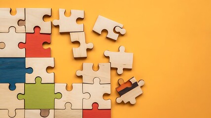 Wooden jigsaw puzzle pieces with some colored sections on a yellow background for business solutions concept