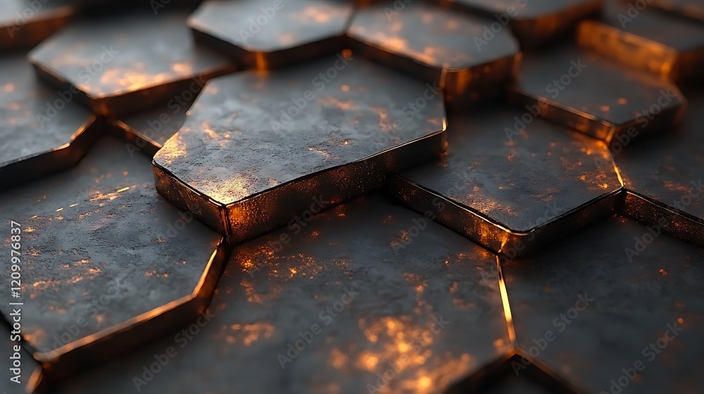Poster molten hexagons: abstract digital art depicting a mesmerizing pattern of dark metallic hexagons, glo