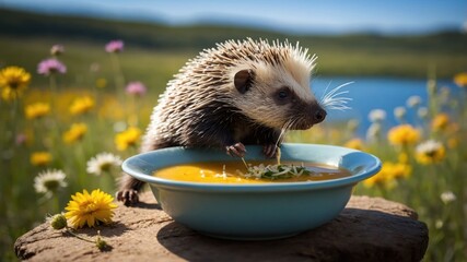 A hedgehog curiously leans over a bowl of soup in a vibrant flower-filled landscape.