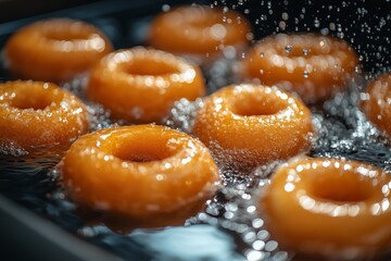 Freshly made donuts are deep-fried in hot oil, turning a perfect golden brown. Bubbles surround the sweet treats, showcasing the process in an active kitchen environment
