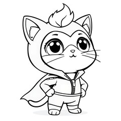 Obraz premium Adorable Super Cat Hero Cartoon Cute Kitten in Costume Coloring Page Illustration