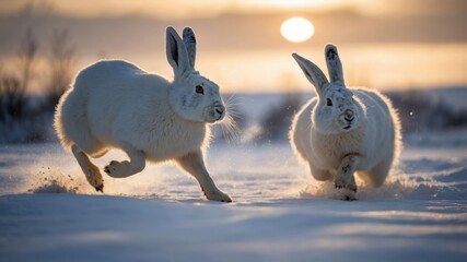 Two white rabbits running through the snow at sunset.