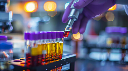 Microscope with test tubes with blood samples