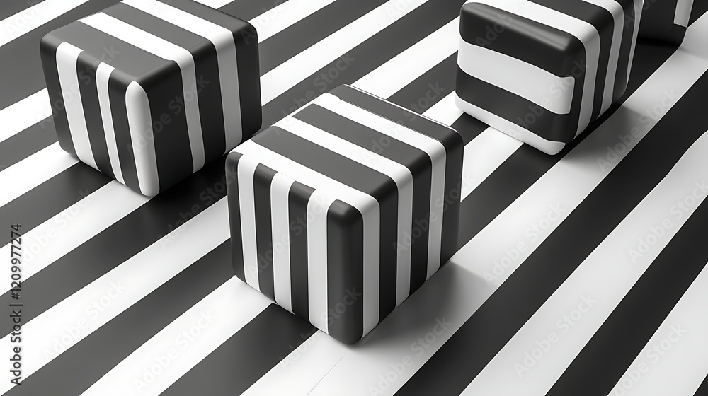 Poster stripes and cubes: a minimalist composition of three black and white striped cubes arranged on a bla