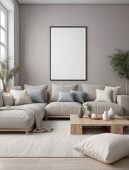Creative composition of stylish modern spacious living room with blank poster frame, Greige sofa