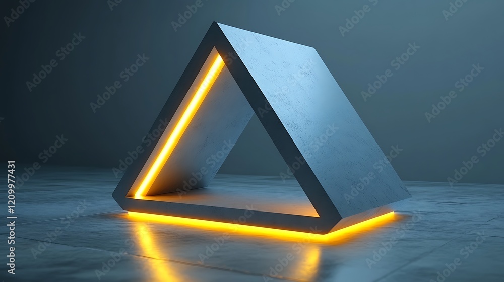 Poster illuminated triangle: a sleek, concrete triangular structure is dramatically lit from within by a vi