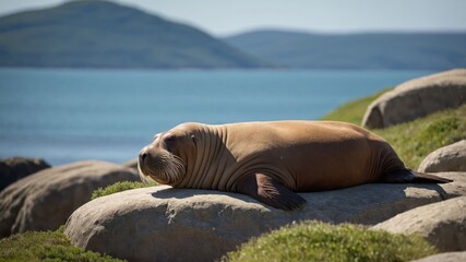 Fototapeta premium A walrus resting on rocks by the sea, surrounded by a serene landscape.