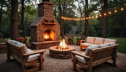 Outdoor fireplace and firepit with cozy seating and string lights
