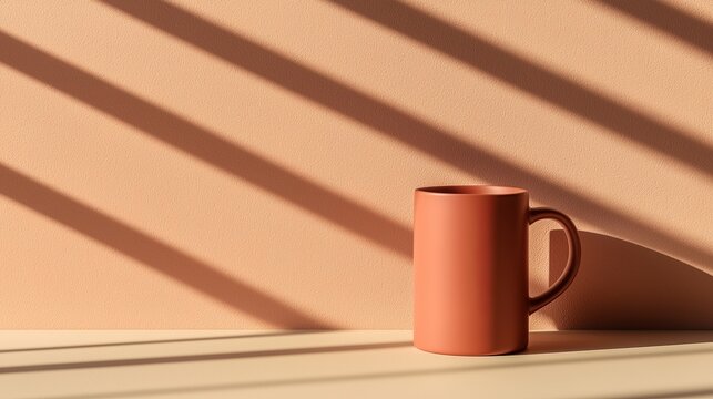 A terracotta mug sits on a pale surface, bathed in the warm glow of sunlight streaming through blinds, creating a tranquil and serene atmosphere.