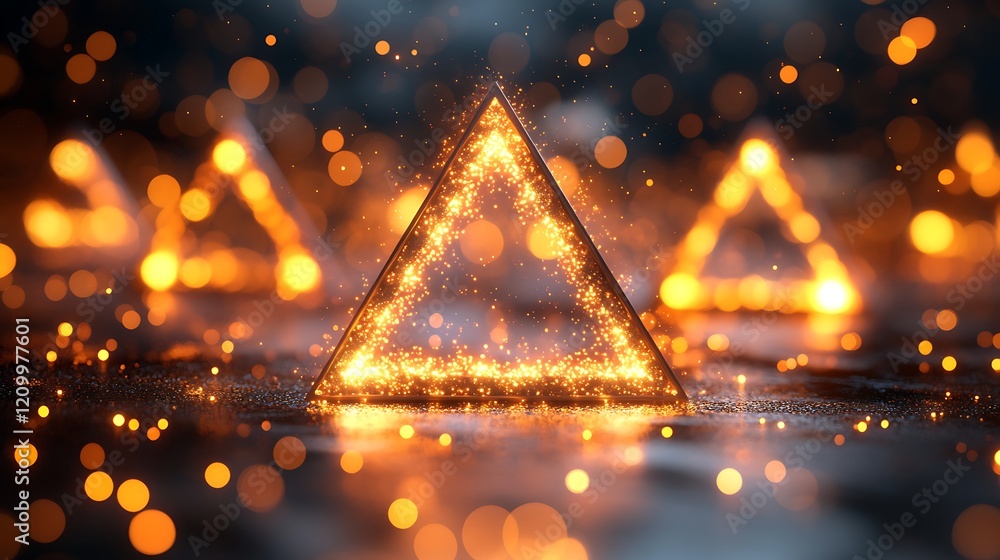 Aufkleber fiery triangles: three luminous triangles, ablaze with inner fire and surrounded by a bokeh of warm 