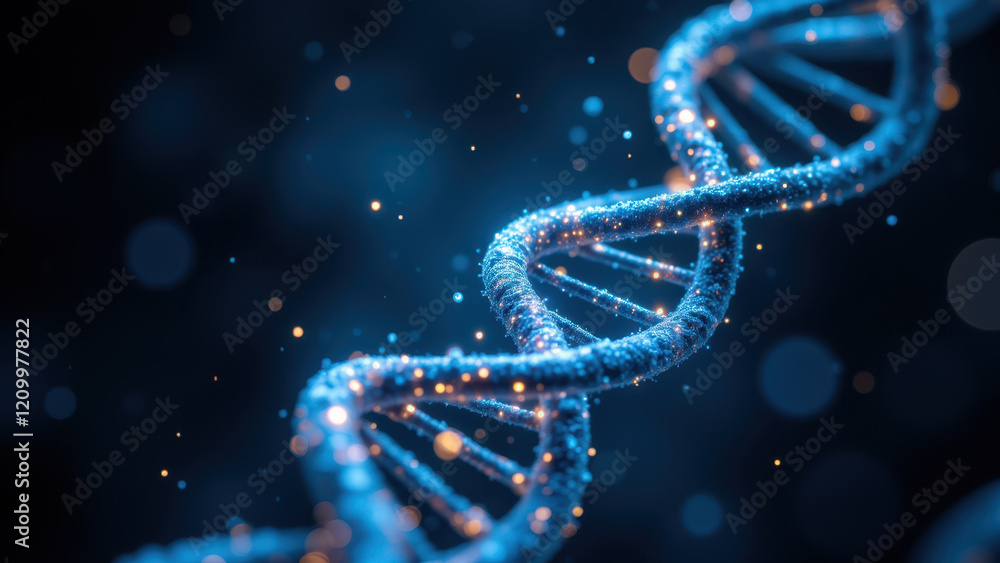Poster a striking close-up view of a double helix dna structure with illuminated nucleotides on a dark back