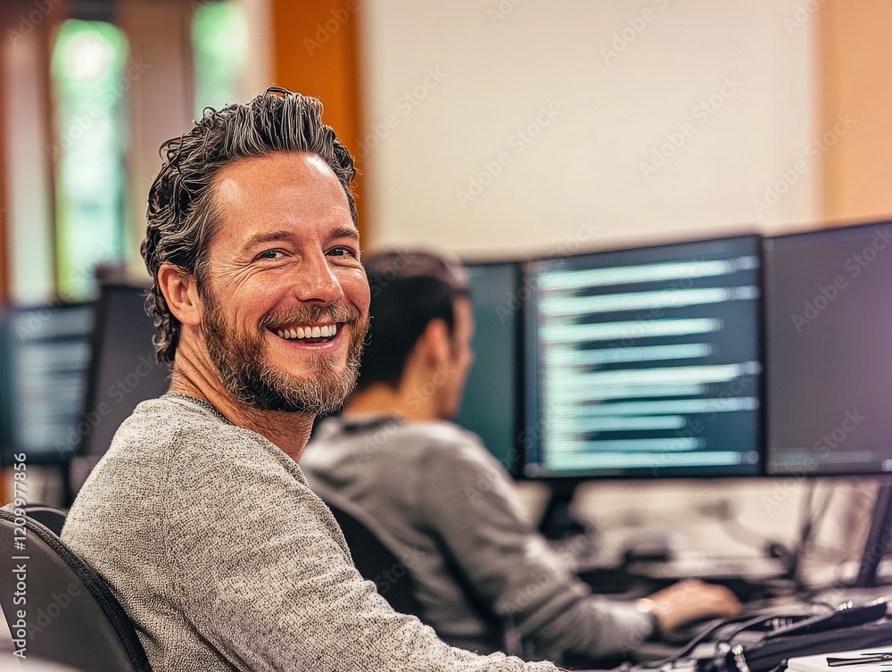 Poster smiling man working at a computer in a modern office environment