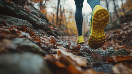 Close up of runner stride on rocky trail with autumn leaves